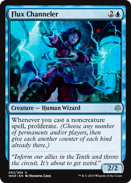 Flux Channeler
 Whenever you cast a noncreature spell, proliferate. (Choose any number of permanents and/or players, then give each another counter of each kind already there.)